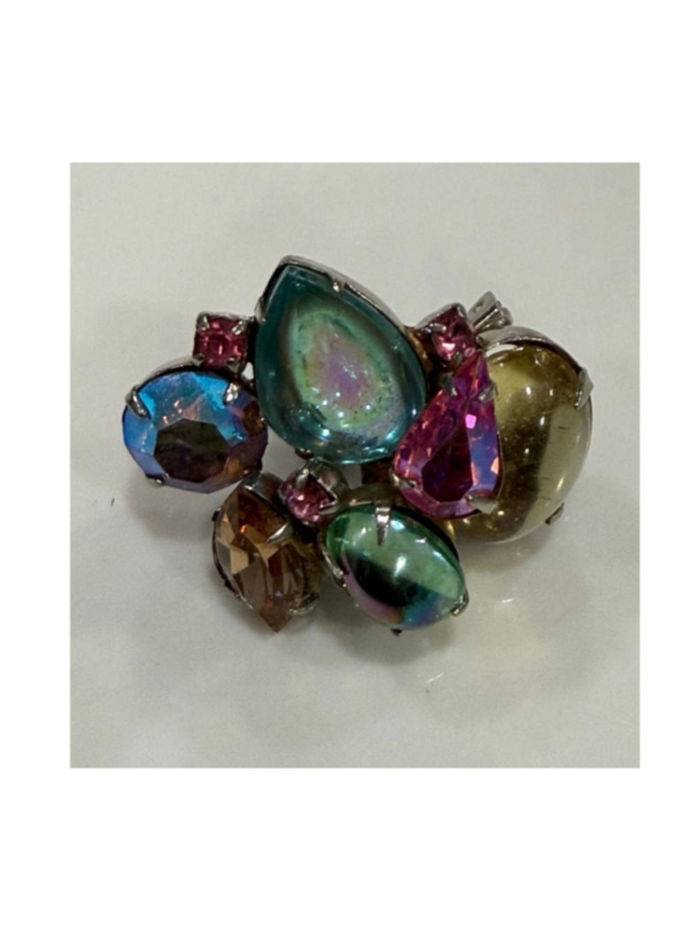 Vintage Regency Brooch Iridescent Art Glass & Multi-color Gemstones One Size